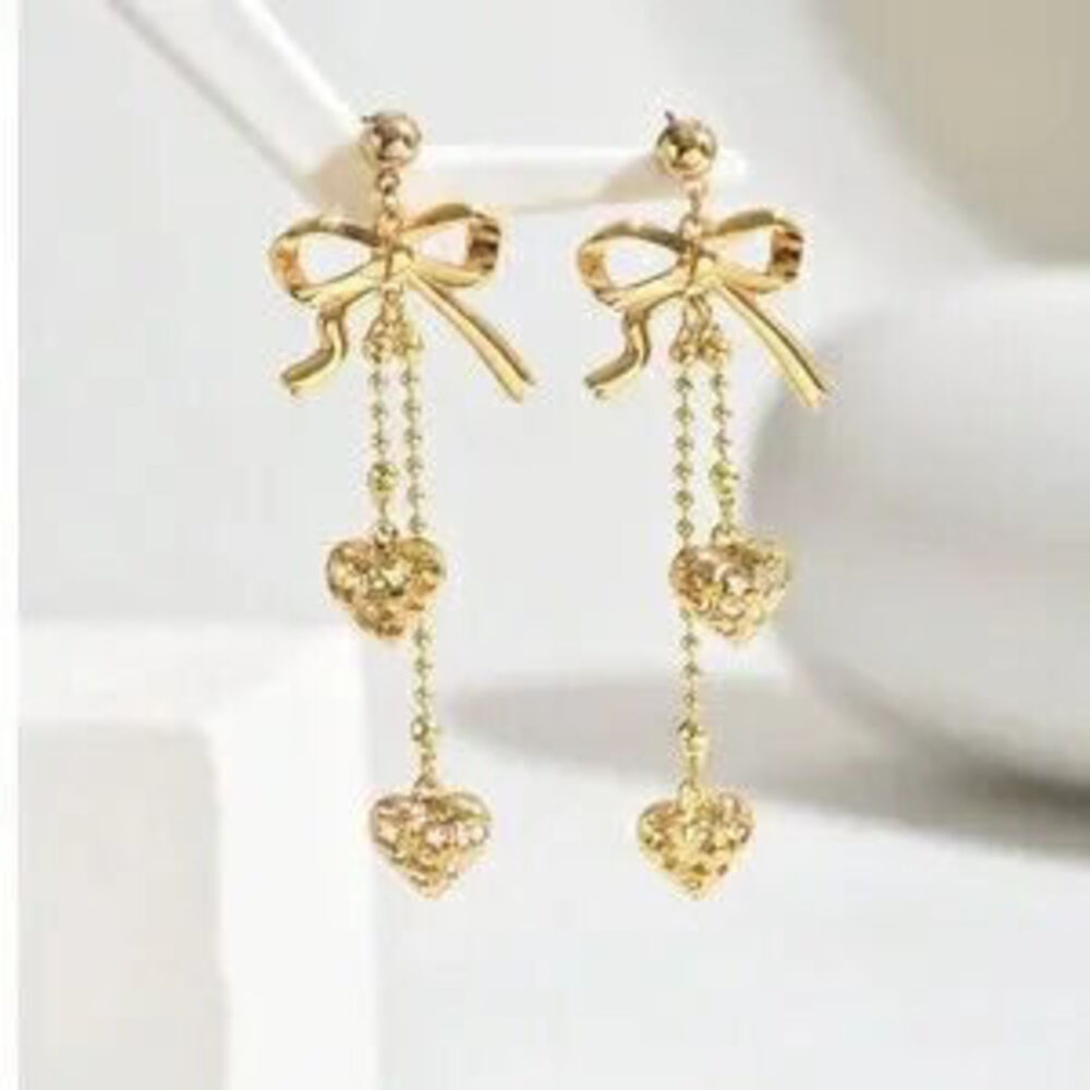 Luxe Gold Tone Bow Heart Drop Earrings - Picture 3 of 4